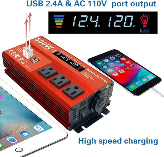 500W Peak 1000W Power Inverter for Vehicles,DC 12V to 110V AC,4 x 2.4A USB Ports car Plug in Adapter Outlet with 1 Cigarette Lighter Ports car Power Inverter