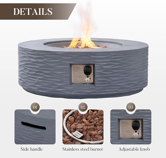 Cosiest Propane Fire Pit for Outside, 35 in Round Gas Fire Pits for Outdoor Patio, Certified, 50000 BTU Concrete Rectangle Base with Rain Cover, Free Lava Rocks