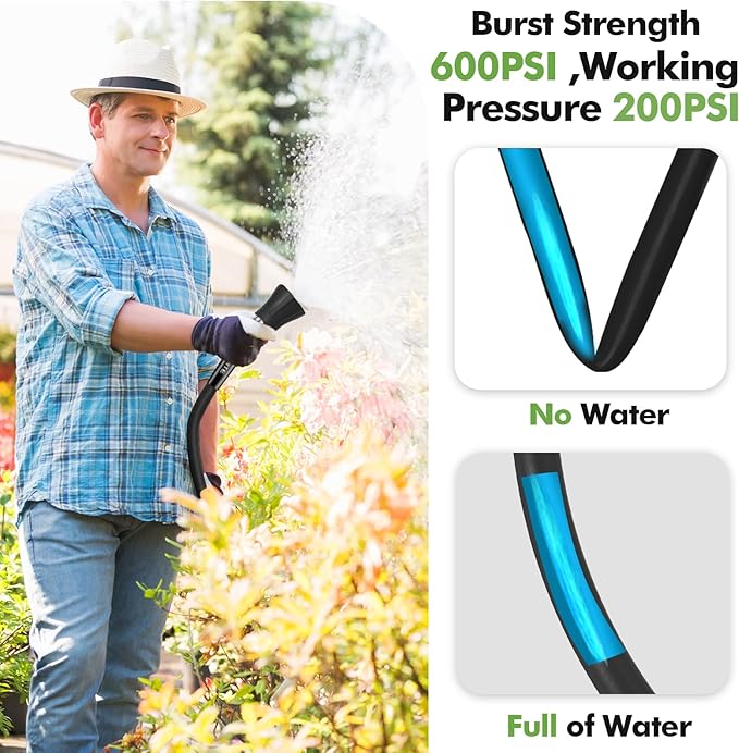SPECILITE 5/8" Garden Hose 100 ft with High Flow Nozzle, Heavy Duty Flexible Hybrid Rubber Water Hose for Outdoor, Lightweight, Leak-Proof, No-Kink, 3/4"Stainless Steel Fittings,Black