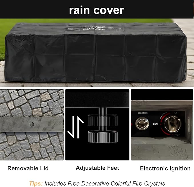 Propane Fire Pit Table, 48 Inch Firepits for Outside, Rectangle Gas Fire Pits for Outside Patio, Deck, Backyard, 50000BTU, Free Waterproof Cover, Tank Outside, Tank Not Included, Cement Grey