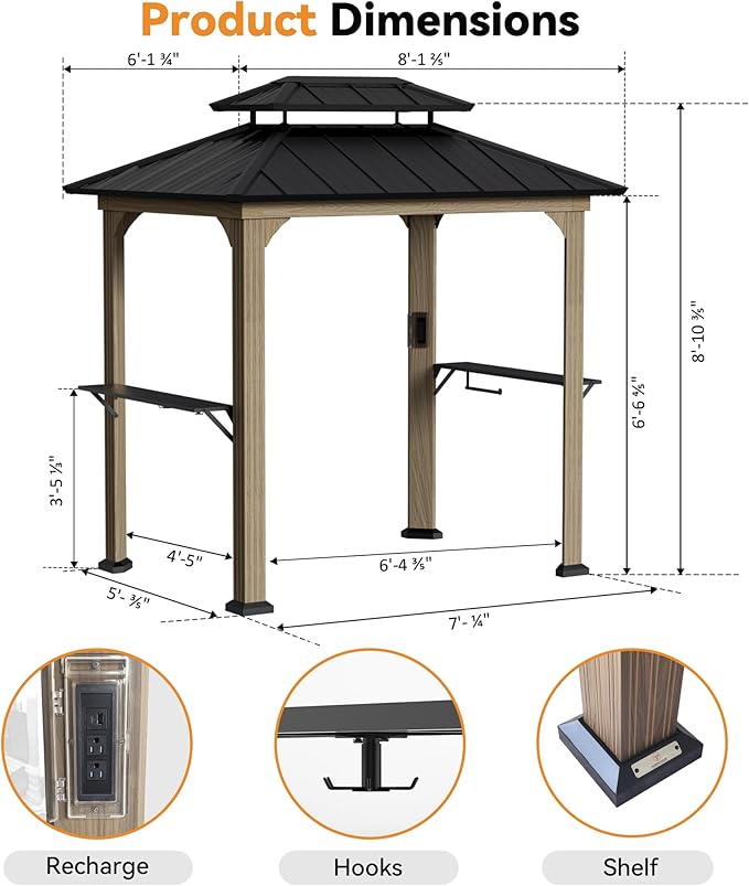 Modern Shade Grill Gazebo 6' X 8', Aluminum BBQ Gazebos with Shelves and Ceiling Hook, Grill Canopy Hardtop with Galvanized Steel Roof, Outdoor Grill Gazebo with Extra-Wide Column Design, Wood Grain