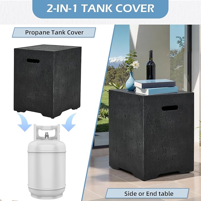 ECOTOUGE Modern Propane Tank Cover, 20 lb Tank Cover Table for Fire Pit Table, Gas Tank Storage Box with Side Handles, Hose Hole, Propane Tank Hideaway, Dual Function for Side or End Table, Black