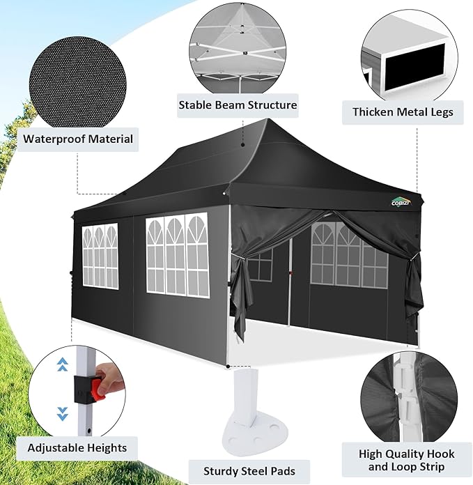 COBIZI 10x20 Pop Up Canopy with 6 Sidewalls, Conical Party Tent 10x20 with 3 Adjustable Height Waterproof, UV-Resistant with Carry Bag, Sandbag, Stake, Ropes for Parties, Commercial (Frame Upgraded)