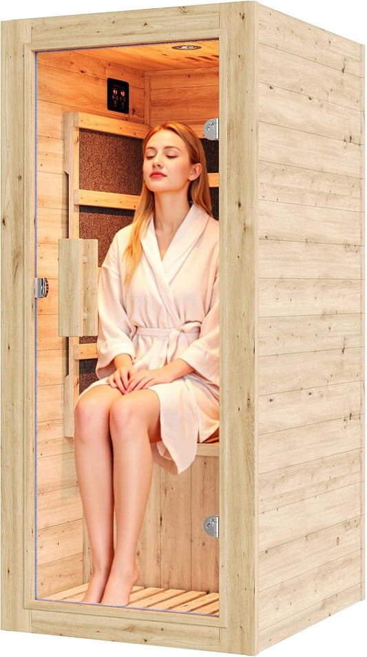 Jocisland 1 Person Infrared Sauna – 746W/110V Red Light, Pre-Warms to 149℉ in 15 Minutes, 106lbs Lightweight Spruce Wood Infrared saunas, Compact Dry Sauna for Home Spa & Apartments