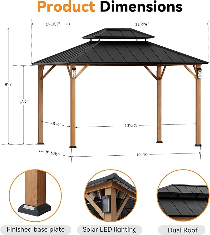 Modern Shade The Horizon Hardtop Gazebo 10' x 12' with 4 LED Lights, Permanent Outdoor Gazebo with Galvanized Steel Double Roof, Grill Pavilion with Decor Hooks, Mosquito Nettings, Wood Grain