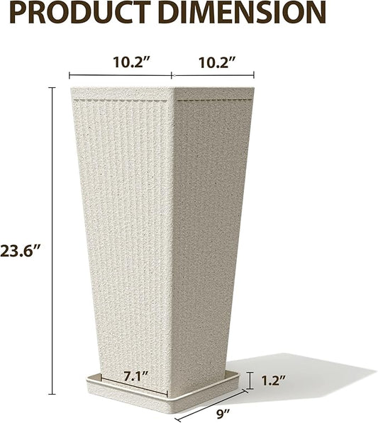 Tapered Tall Planters for Outdoor Plants 2 Pack- 23.6 Inch Heavy-Duty Classic Square Indoor Flower Pots with Drainage Holes/Partition/Tray, Large Outdoor Planters for Porch Patio, Beige