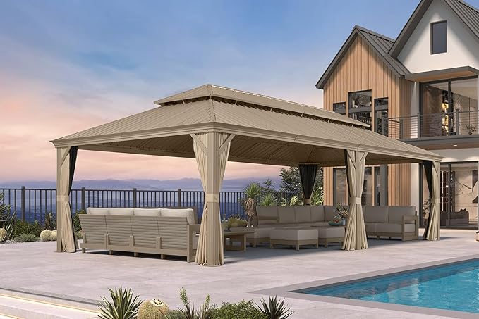 PURPLE LEAF Outdoor Gazebo 14'X28'，Champagne Hardtop Gazebo with Galvanized Steel Double Roof, Permanent Patio Gazebo with Curtains and Netting for Patio Lawn Garden and Deck