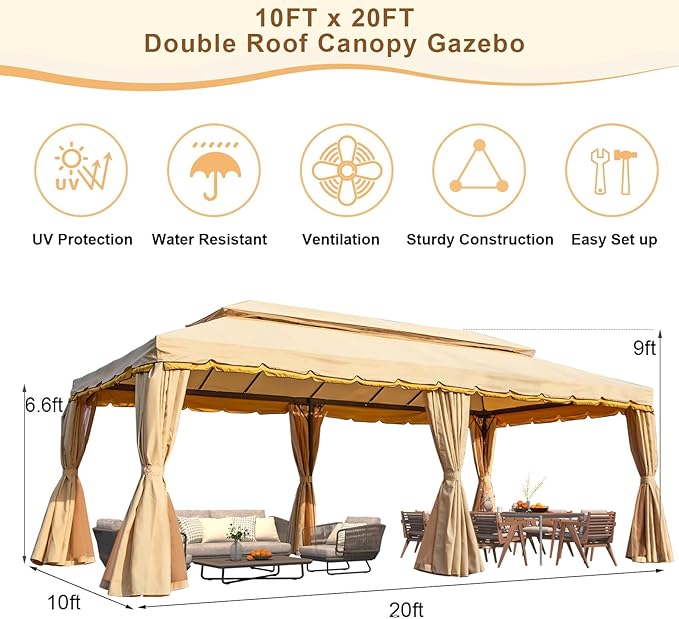 MELLCOM 10x20 Kahaki Outdoor Canopy Gazebo, Double Roof Patio Pergolas Steel Frame with Netting and Shade Curtains for Garden,Patio,Party Canopy