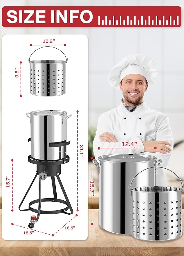 30QT Stainless Steel Turkey Fryer | Seafood & Crawfish Boiler | Basket, Cover & Skimmer Included | 50,000BTU Propane Burner | Perfect Fryer Kit for Holiday and Seasonal Cooking