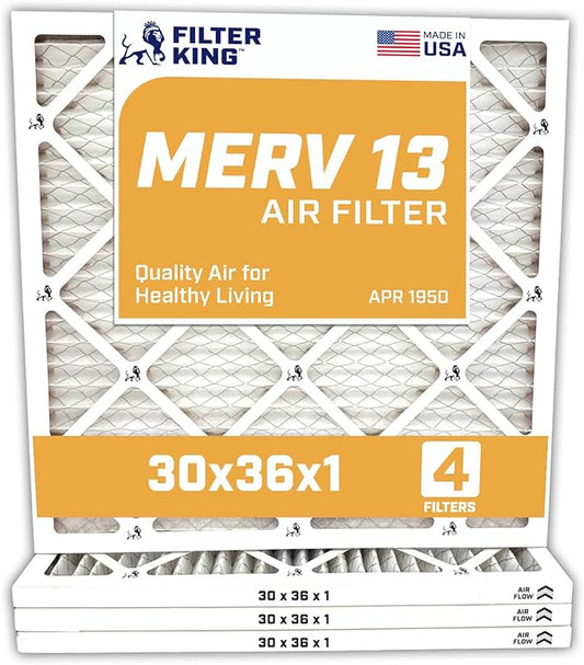 Filter King 30x36x1 Air Filter | 4-PACK | MERV 13 HVAC Pleated A/C Furnace Filters | MADE IN USA | Actual Size: 29.5 x 35.5 x .75"