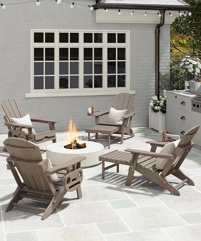 Adjustable Adirondack Chair with Retractable Ottoman Set of 2, HDPE Folding Adirondack Chair with Cup Holder, All Weather Fire Pit Chair for Outdoor.