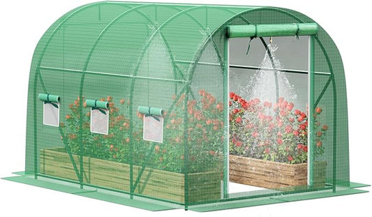 Greenhouse with Watering System, 12x7x7 Outdoor Greenhouse with 6 Mesh Windows and 1 Door, Easy Water and Irrigate Plants Green House (Green, 12x7x7 ft w/ Irrigation System)