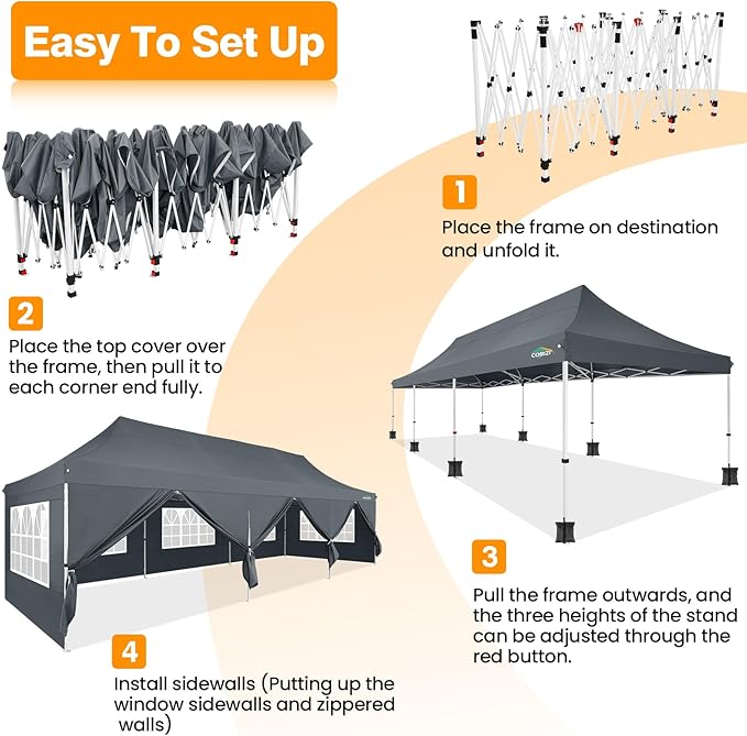 COBIZI 10x30 Pop up Canopy with 8 Removable Sidewalls, Outdoor Canopy Waterproof Commercial Tents for Parties Wedding, with Upgrade Raised Top Cover and Roller Bag, with 4 Sandbags(Gray)