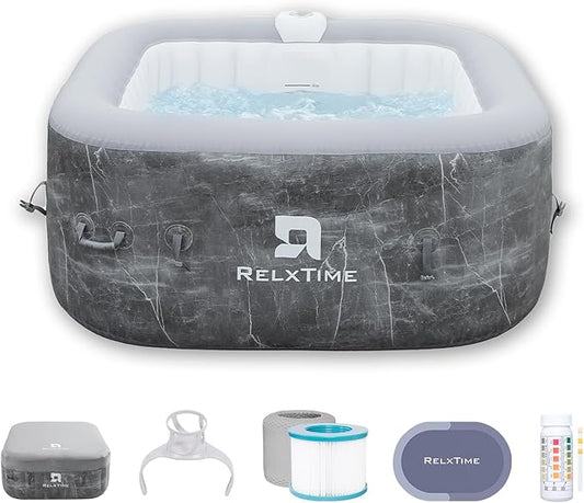 Inflatable Hot Tub 2-3 Person, Portable Blow Up Hottub with Cover, Built in Heater Pump 110 Air Jets, Square Outdoor Spa, Cup Holder, 2 Filters, Grey