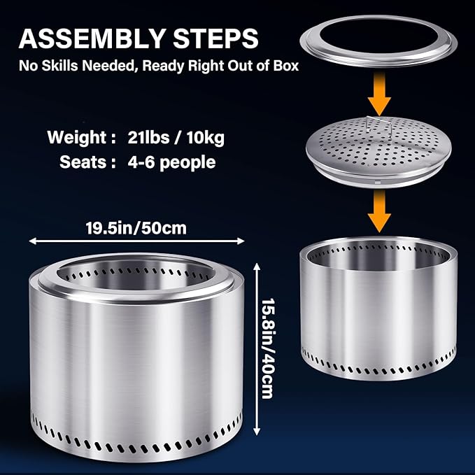 HGD 19.5" Smokeless Fire Pit Outdoor, Stainless Steel Wood Burning Firepit with Secondary Combustion, Backyard Patio Stove for Garden, BBQ & Bonfire