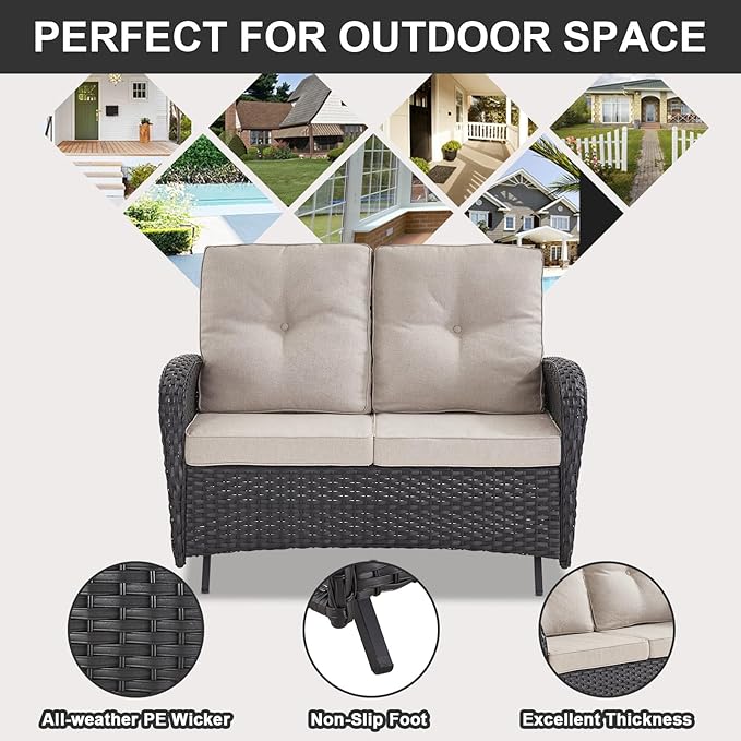 Belord 5 Piece Wicker Patio Furniture Set - Outdoor Conversation Sets with Deep Seating Swivel Rocker Chairs Loveseat and Rattan Coffee Table for Deck Backyard Poolside, Black Wicker/Beige Cushion