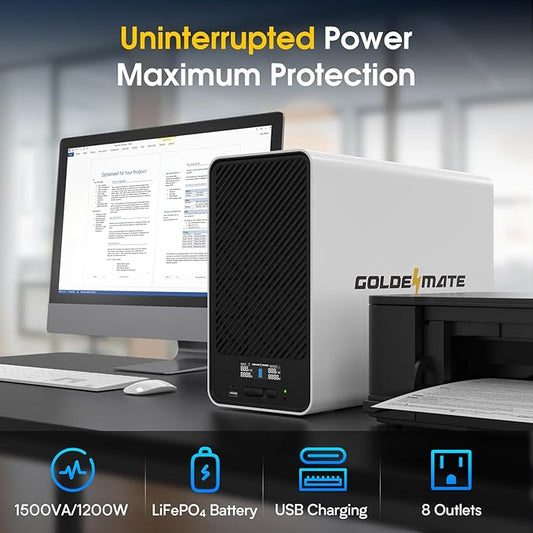 GOLDENMATE 1500VA/1200W Lithium UPS Battery Backup and Surge Protector, Backup Battery Power Supply with LiFePO4 Batteries(296Wh), AVR, Line Interactive Sinewave UPS System, 8 Outlets, LCD Display