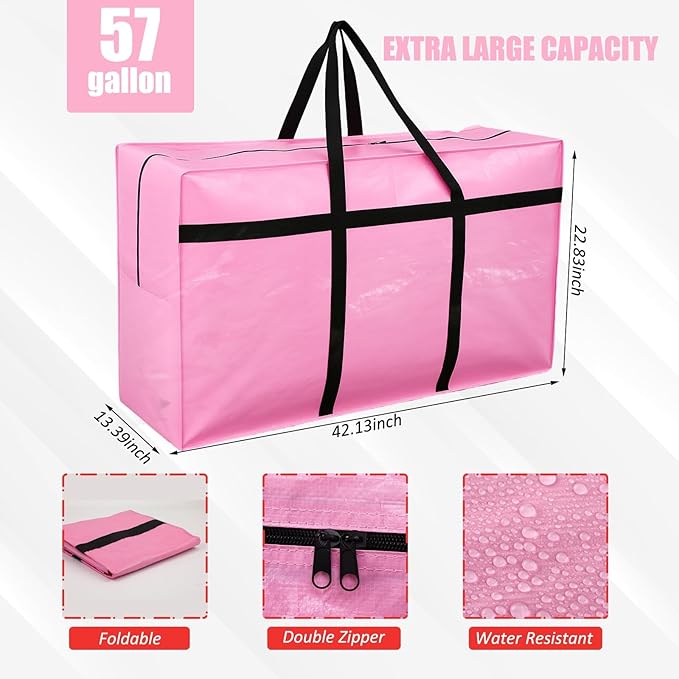 Windyun 4 Pack 57 Gallon Extra Large Storage Bags XXL Moving Bags with Zipper Handles Heavy Duty Jumbo Big Tote Box for Christmas Tree Storage 4, 5, 7.5, 9, 10, 12 ft Skeleton College Dorm(Pink)