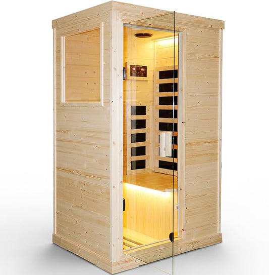Infrared Saunas for Home,Far Infrared Sauna,900W Low EMF Wooden Indoor Dry Sauna,Spruce Wood Dry Sauna Indoor Sauna Spa with Bluetooth,for Unwell Men,Women,Elderly,1 Person Home Sauna