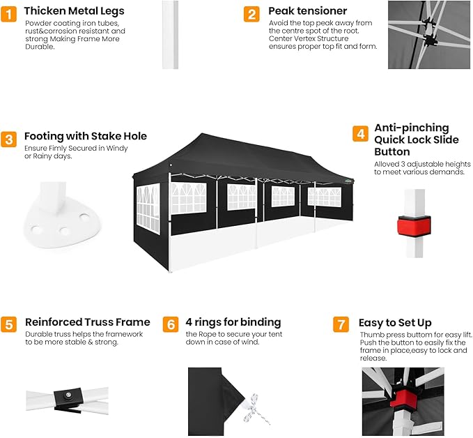 COBIZI 10x30 Pop up Canopy with 8 Removable Sidewalls, Outdoor Canopy Waterproof Commercial Tents for Parties Wedding, with Upgrade Raised Top Cover and Roller Bag, with 4 Sandbags(Black)
