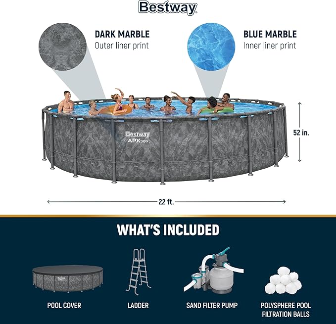 Bestway APX 365 22' x 52" Above Ground Pool, Round Metal Frame Outdoor Swimming Pool Set with Sand Filter Pump, Ladder, and Cover, Dark Marble