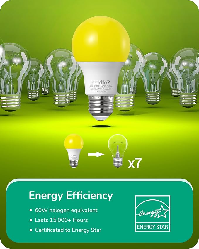 EDISHINE A19 Yellow Light Bulbs, 9W(60W Equivalent), 600LM 2400K Amber Glow Outdoor Bug Light Bulbs, Non-Dimmable, E26 Medium Base, UL Listed, 8 Pack