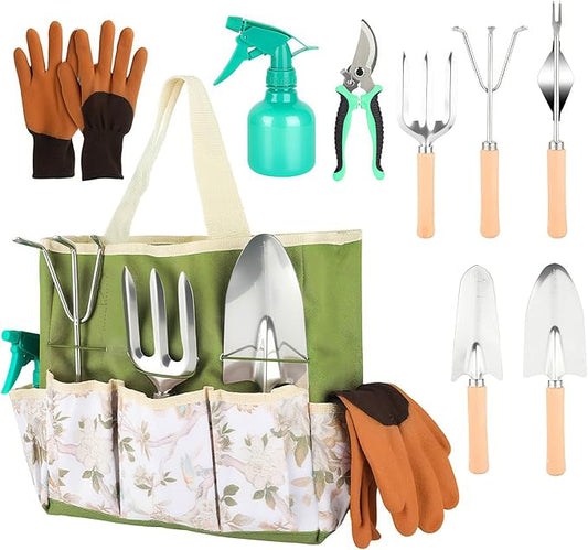 Heavy Duty Gardening Tools, 9 Pieces Garden Tool Set, Stainless Steel Rust Proof Non-Slip Garden Hand Tools with Fashion and Durable Storage Bag, Ideal Gardening Gifts for Women Men Mom
