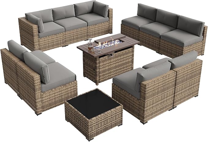 Aoxun Patio Furniture Sets, 12-Piece Outdoor Patio Furniture with 44'' Propane Gas Firepit Table, Wicker Outdoor Conversation Set Sectional Sofa for Backyard, Poolside, Garden