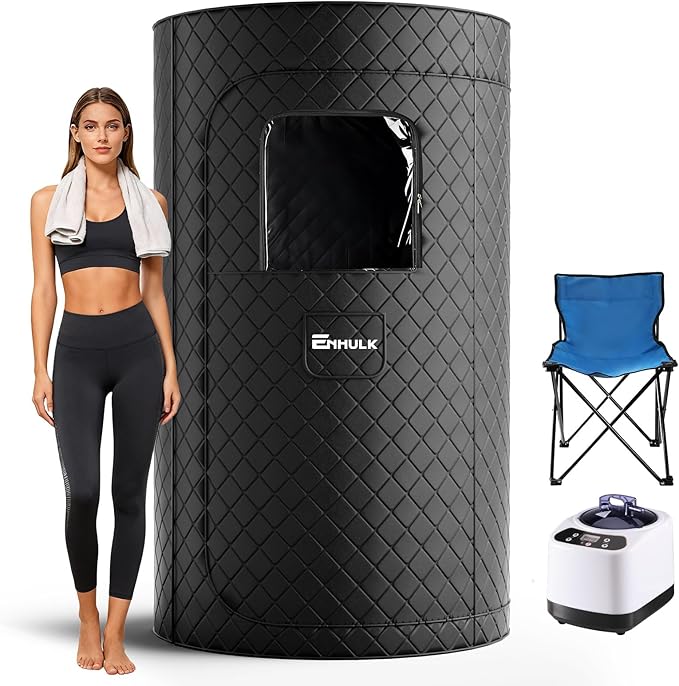 Enhulk Portable Sauna Box for Relaxation, Detoxification, Steam Sauna Tent for Home with 3.0L Steamer, Folding Chair, Remote Control, Doormat, 9 Levels, 3.6' x 3.6' x 5.9', Circular