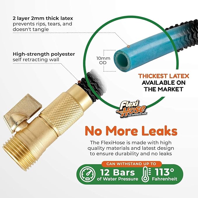Flexi Hose Expandable Garden Hose with 8 Function Nozzle, 25FT - Lightweight Retractable Garden Hose, Water Hose - No-Kink Flexibility, 3/4 Inch Solid Brass Fittings and Double Latex Core