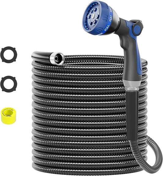 SPECILITE 100ft 304 Stainless Steel Garden Hose Metal, Heavy Duty Water Pipe with Nozzles for Yard, Outdoor - Flexible, Never Kink & Tangle, Puncture Resistant (Black)