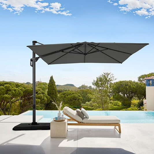 GREEN PARTY 9x12 ft Cantilever Patio Umbrella with Base, Rectangle Offset Outdoor Umbrellas with 360° Rotation, 5-Year-Non-Fading Hanging Pool Umbrella for Garden Deck Poolside - Grey