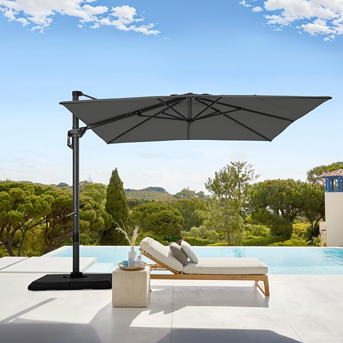 GREEN PARTY 10x10 ft Cantilever Patio Umbrella, Rectangle Offset Outdoor Umbrellas with 360° Rotation, 5-Year-Non-Fading Hanging Pool Umbrella for Garden Deck Poolside - Grey