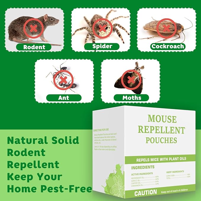Pest Repellent Pouches, 8 Pack Peppermint Oil Repellent for Mouse, Rodent, Spider, Mice, Rats, Pest Control Indoor & Outdoor, Natural Mouse Deterrent Replace Traps Family & Pet Safe