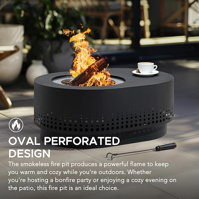 SUNJOY 38 in Smokeless Fire Pit with Table Top, Removable Ash Pan, Outdoor Portable Wood Burning Fireplace with PVC Cover and Fire Poker,Ideal for Camping, Bonfire, and Backyard, Black