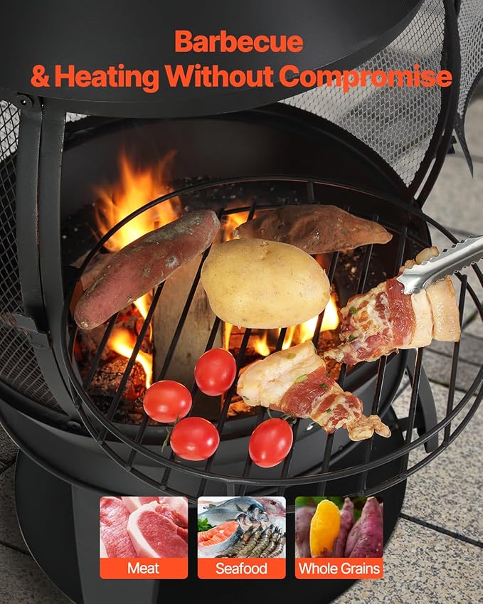 VEVOR Chiminea, 22 Inch Outdoor Wood Burning Firepit, Iron Spherical Fireplace for BBQ & Warming, Wooden Fire Pit with Grill Mesh, Chimney Coat & Rustproof Chiminea Lid, for Patio, Garden, Backyard