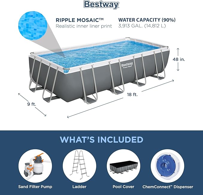 Bestway Power Steel 18' x 9' x 48" Rectangular Metal Frame Above Ground Outdoor Swimming Pool Set with 1,500 GPH Filter Pump, Ladder, and Pool Cover