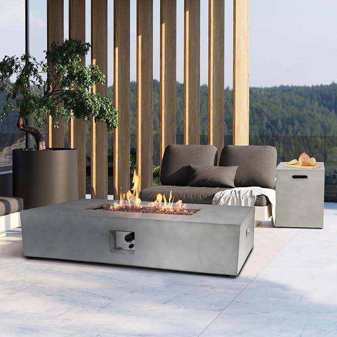 54-inch Propane Fire Pit Coffee Table with Tank Cover Table - 50,000BTU Outdoor Modern Concrete Rectangle Fire Table, Waterproof Cover, Auto-Ignition, Free Lava Rocks & Metal Lid