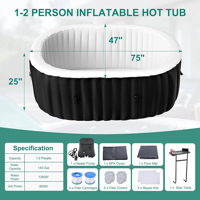 DoCred 1-2 Person Inflatable Hot Tub, 75" X 47" X 25" Oval Blow Up Portable Hot Tub with 100 Bubble Jets, Large Outdoor Spa Bathtub Set Included Heater Pump, Insulated Cover and Side Table