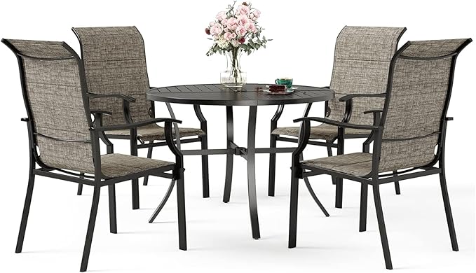 MFSTUDIO 5 PCS Patio Dining Set with 42” Round Metal Table and 4 Pieces Padded Extra Large Sling Chairs, Umbrella Hole, Outdoor Furniture for 4