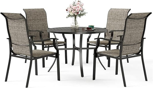 MFSTUDIO 5 PCS Patio Dining Set with 42” Round Metal Table and 4 Pieces Padded Extra Large Sling Chairs, Umbrella Hole, Outdoor Furniture for 4