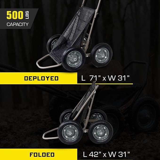 Hawk Crawler Multi-Use Folding Cart, Deer Hunting Fishing Cart w/ 500 Lb Capacity for Hauling Game, Bait, Hunting Gear, & Wood, Flat Dark Earth Gray