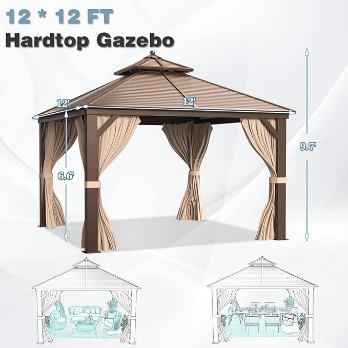 MELLCOM 12' x 12' Hardtop Gazebo, Galvanized Steel Double Roof Outdoor Gazebos, Aluminum Frame with Netting and Curtains for Patios, Gardens, Lawns