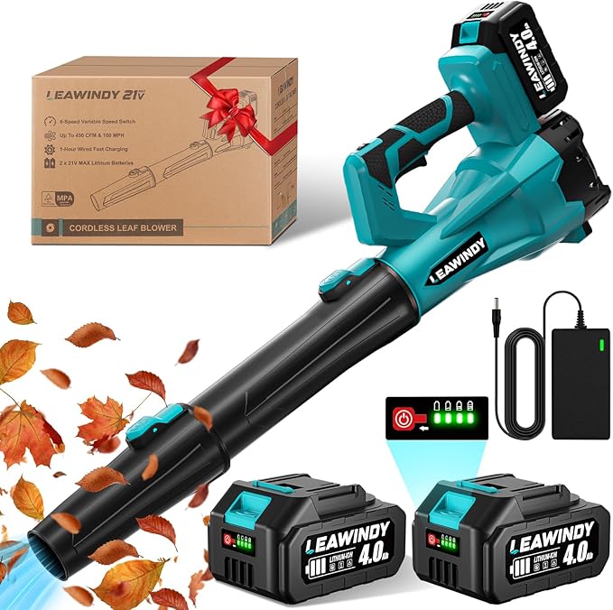 Leaf Blower Cordless 6 Speed Mode, 650CFM 290MPH Cordless Leaf Blowers with 2 X 4.0ah Batteries and Charger, 21V Electric Snow Blower, Gift Lawn Blower for Patio Cleaning, Lawn Care, Blowing Leaves