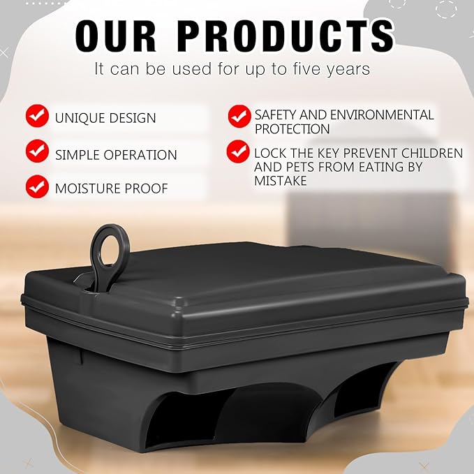 Qualirey 6 Pack Rat Bait Stations with 6 Keys Reusable Heavy Duty for Rodents Outdoor Mouse Poison Holder Large Station Traps for Mice Pests, Bait Not Included(Black)