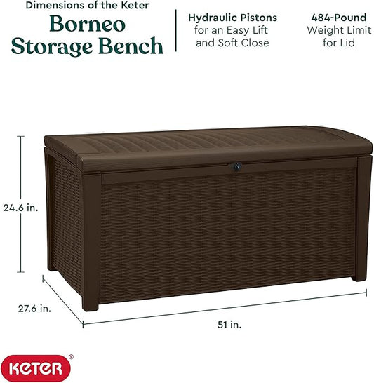 Keter Borneo 110 Gallon Resin Deck Box - Organization and Storage for Patio Furniture, Outdoor Cushions, Throw Pillows, Garden Tools and Pool Toys, Brown