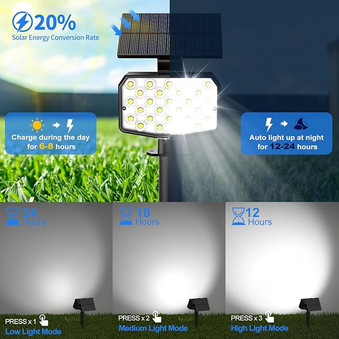NACINIC Solar Spot Lights Outdoor Waterproof Adjustable Solar Powered Landscape Lights for Yard 3 Long Time Lighting Modes Spotlights for Pathway Garden Outside Wall Pool Porch- 6 Pack, Cool White