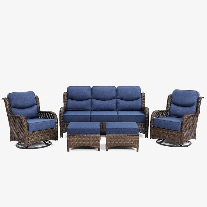 HILLGA Luxury High Back Patio Furniture Set with 6-Inch Thick Cushion, 5-Piece Outdoor Conversation Set with Sofa, Swivel Rocker Chairs & Ottomans, Ideal for Porch Pool Deck Yard (Blue)