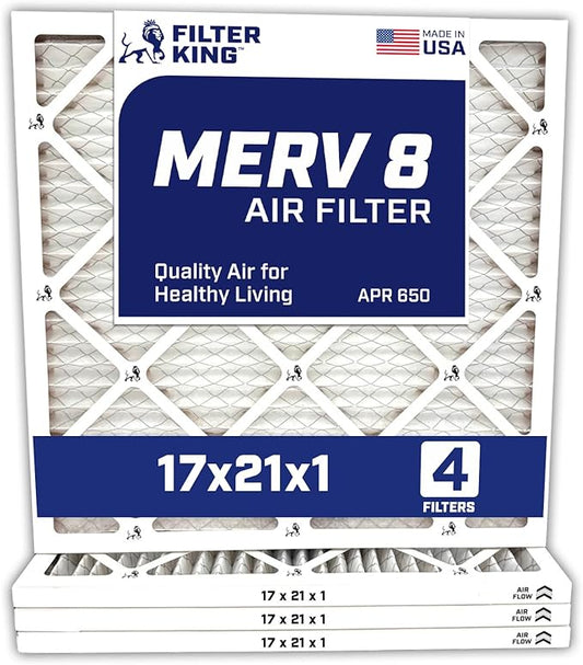 Filter King 17x21x1 Air Filter | 4-PACK | MERV 8 HVAC Pleated A/C Furnace Filters | MADE IN USA | Actual Size: 17 x 21 x .75"