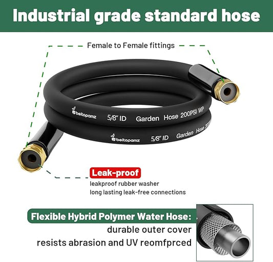 Short Garden Hose 10 ft x 5/8" Female to Female Hose Adapter, Heavy Duty Small Water Hose Extend Connector, Leak-Free Connections Hybrid Rubber Leader Hose with 3/4" Double GHT Fittings, BT10FF, Black